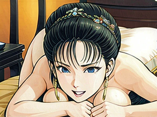 {best quality}, {very aesthetic}, {ultra-detailed}, {best illustration},NSFW,mature female,Perfect Face,Suikoden,Mrs. Lin,{full_nude},{full_body},big breast,big nipple,Pubic hair of the same color as the hair,Eyes downcast,Sobbing in frustration,skinny, Undressing, sex, girl lying on the bed,chinese traditional style bed,