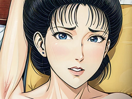 {best quality}, {very aesthetic}, {ultra-detailed}, {best illustration},NSFW,mature female,Perfect Face,Suikoden,Mrs. Lin,{full_nude},{full_body},big breast,big nipple,Pubic hair of the same color as the hair,Eyes downcast,Sobbing in frustration,skinny, Undressing, sex, girl lying on the bed,chinese traditional style bed,