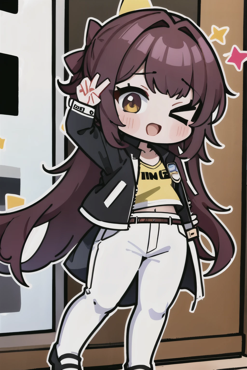 (masterpiece, best quality:1.2), 1girl, solo,ciallo, chibi, full body,white vest, black leather pants,black leather jacket,castle