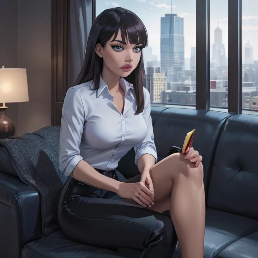 (masterpiece, high quality) woman, formal business suit, shirt, pants, solo , looking at viewer, perfect face, suits Navy blue, crystal blue eyes, eyelashes, makeup, sitting on a leather black luxurious sofa, office, skyscraper, full body, she is the boss, ultra quality 4k