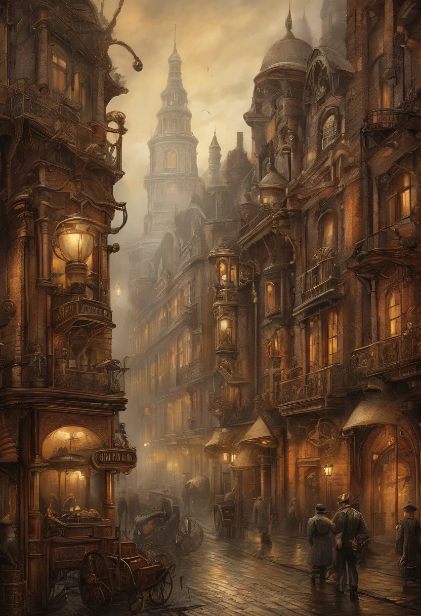 A city filled with fog、gear、Steam Machinery、Antique streetscape、Faint street lights