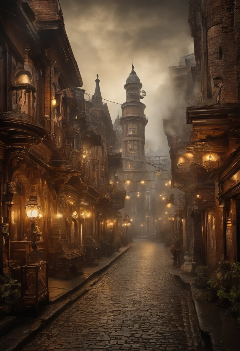 A city filled with fog、gear、Steam Machinery、Antique streetscape、Faint street lights