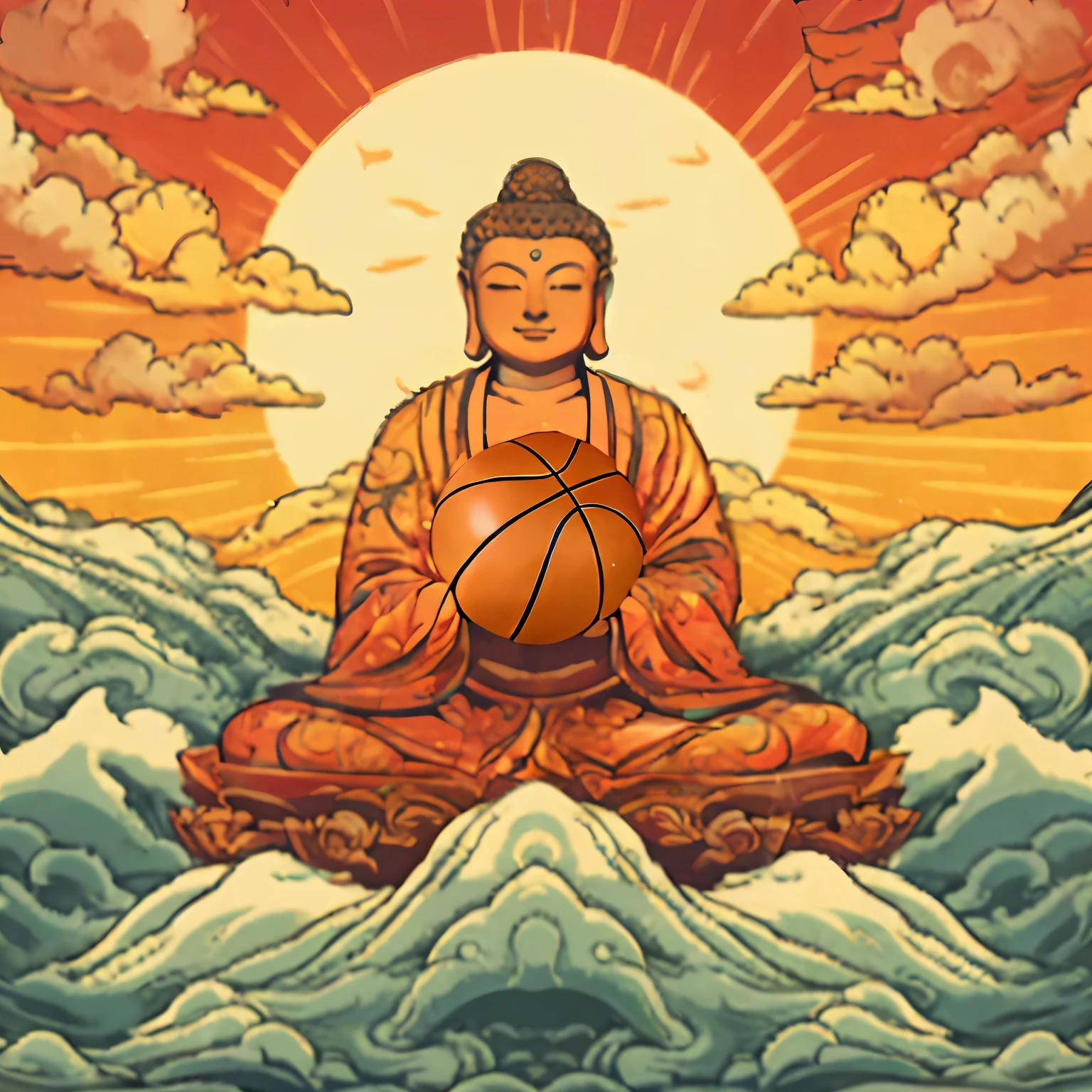 Masterpiece, the best quality, 8K, ultra-high resolution, in the quiet stupa with a faint morning light reflected. A huge Buddha statue stands tall in the clouds, lifelike, holding a basketball in his hand, every detail meticulously carved by the artist. The Buddha statue sits solemnly in the position of a lotus flower, surrounded by an aura of holiness. Wisps of clouds, Buddha statues are solemn, and unique details make it look charming, cartoon painting style