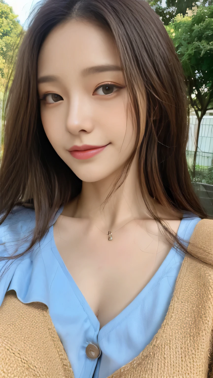 ((highest quality, 8K, masterpiece:1.3)), concentrated:1.2, Perfect body beauty:1.4, Hips:1.2, ((Delicate Hair)), (A fashionable summer T-shirt with a colorful irregular neckline, back tie and slim fit.、 :1.1) , ((highest quality、8K、masterpiece:1.3))、1 Girl、A sloppy smile、Esbian all over、Slim face、Big 、Beautiful woman、(Dark Brown Hair)、、1.1、Flickering Valley、Detailed eyes、double eyelid、Blurred Background、超Slim face、Looking down、garden、