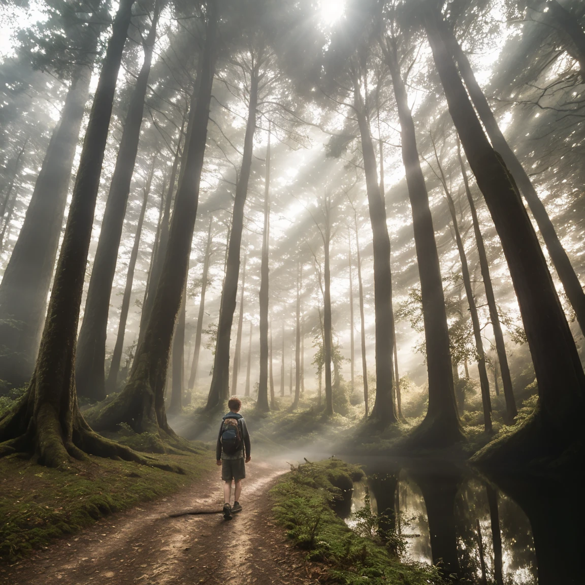 masterpiece， Best quality at best， 1 boy traveler attire，walking in the woods,wide shot,(river flows),foggy forest,(under the big trees),sun shadow.