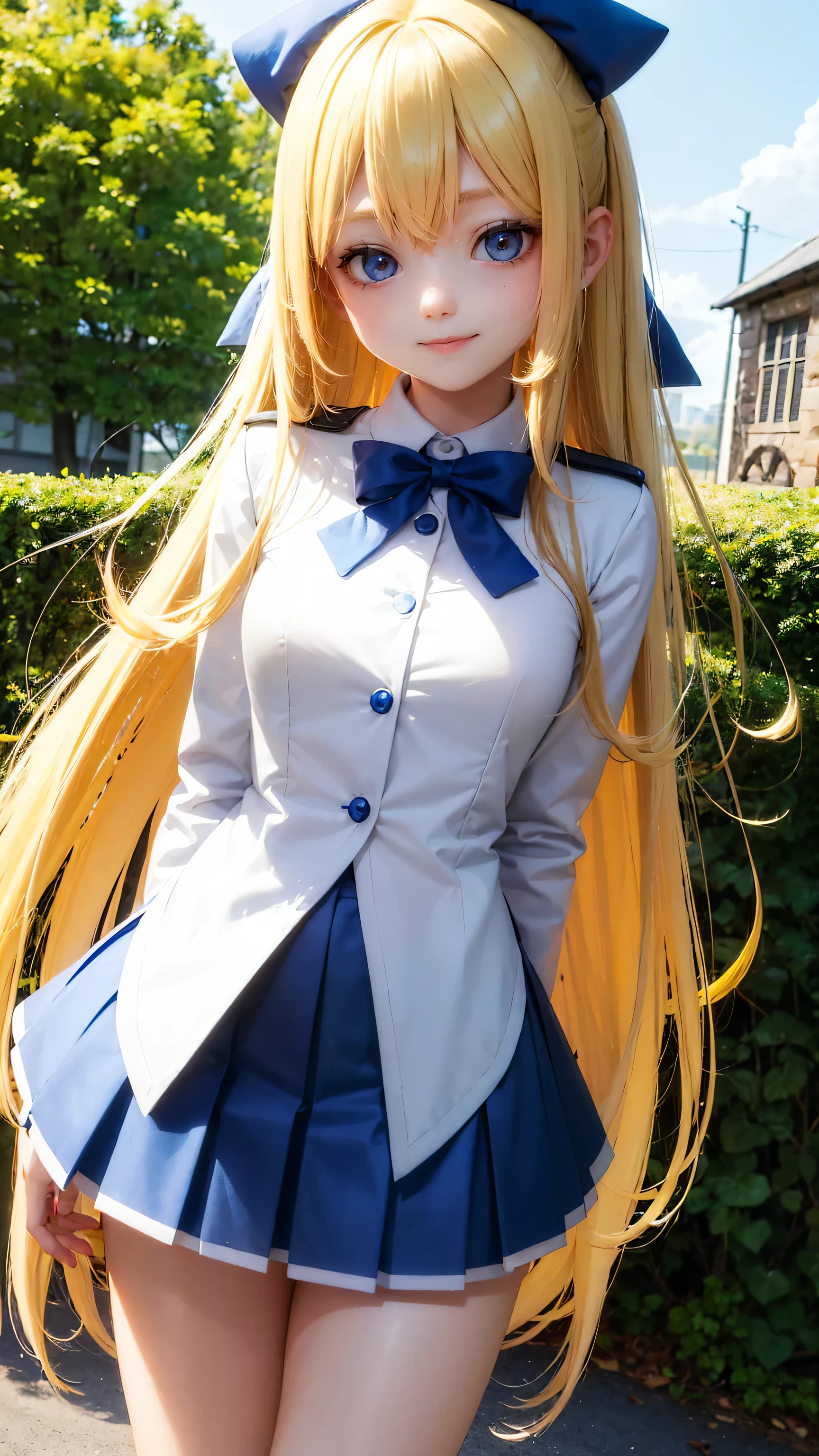 Very cute girl、、Bright yellow hair、Straight long hair、Bangs too close to the eyes、Bright Blue Eyes、(Normal ear)、Thin arms、Beautiful body、Thin legs、Big eyes、big, Shapely breasts,、Clear white skin、smile、(school uniform、white and blue uniform)、Rose Garden、super high quality、Digital SLR、