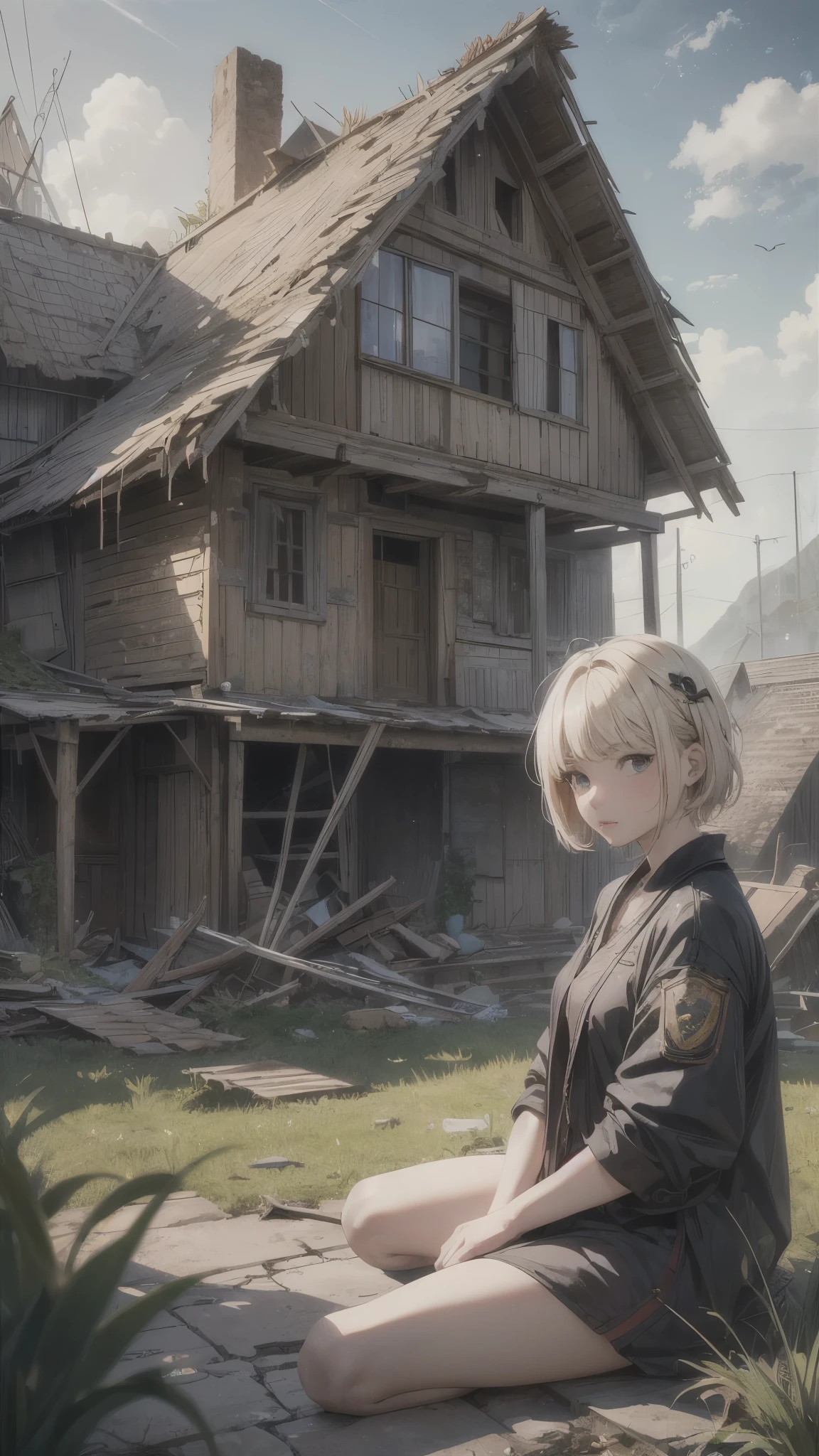 (best quality,4k,highres,ultra-detailed,realistic:1.2) inside the closed maze,ruins,floating houses,collapsed houses,one 20years old woman,blonde short hair,sitting on the floating house