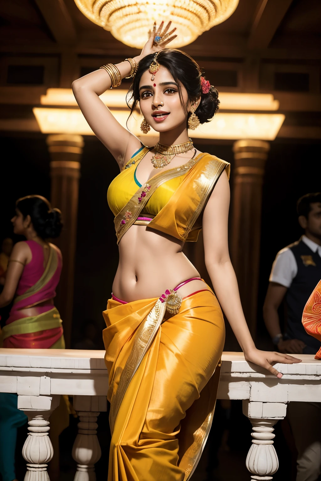 In the bustling crowd, a radiant 25-year-old Indian woman named Rani stands out, her enchanting laughter echoing through the air. Delight shines in her captivating brown eyes as she plays with the intricate folds of her striking saree. The saree, adorned with mesmerizing mermaid-inspired patterns, utterly captivates the onlookers. The vibrant colors of the saree seem to dance against her fair complexion, accentuating her delicate figure and adding an ethereal charm to her aura. The name "Rani" is subtly etched onto her saree, signifying her royal