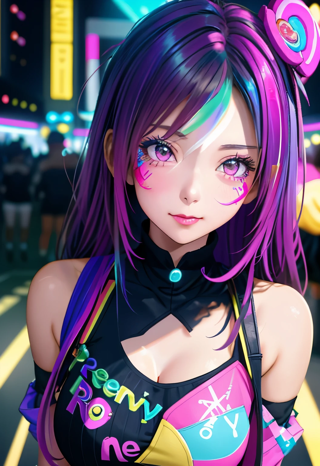 Arafe girl taking a photo wearing a colorful costume, y 2 k cutecore crowncore, Cute Decora Rainbow Core, Cute high quality rendering, Candy Girl, Decora style, Unreal Engine : : Rave Makeup, labor girl, Rave Girl, Rave Costumes, Glitch Punk Girl, Soda themed girl, Playful and cheerful, 80s pin-up style