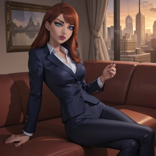 (masterpiece, high quality) woman, formal business suit, shirt, pants, solo , looking at viewer, perfect face, suits Navy blue, crystal blue eyes, eyelashes, makeup, sitting on a leather black luxurious sofa, office, skyscraper, full body, she is the boss, ultra quality 4k, super confident, sit like the boss