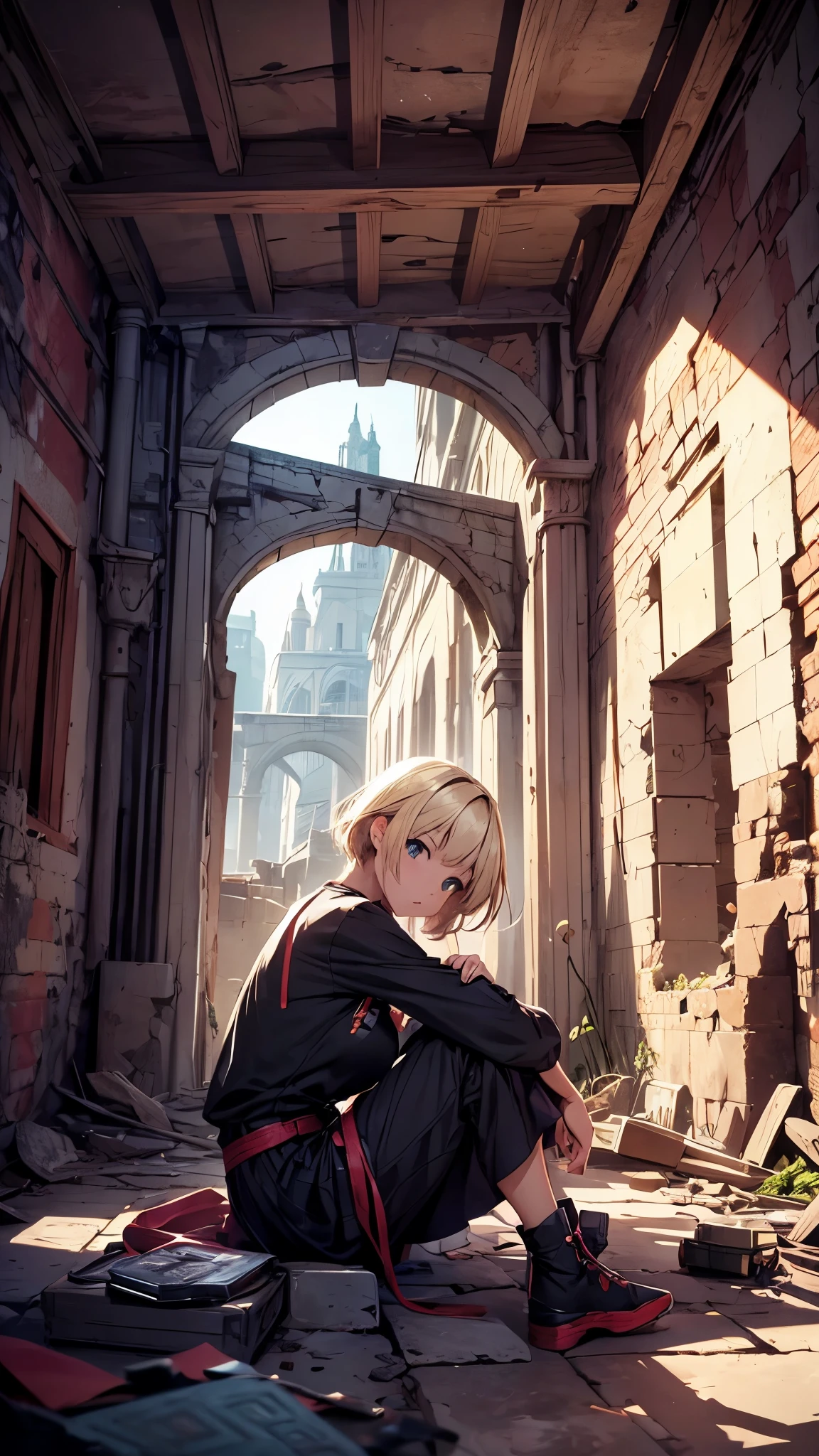 (best quality,4k,highres,ultra-detailed,realistic:1.2) inside the closed maze,ruins,floating houses,collapsed houses,one 20years old woman,blonde short hair,sitting on the floating house