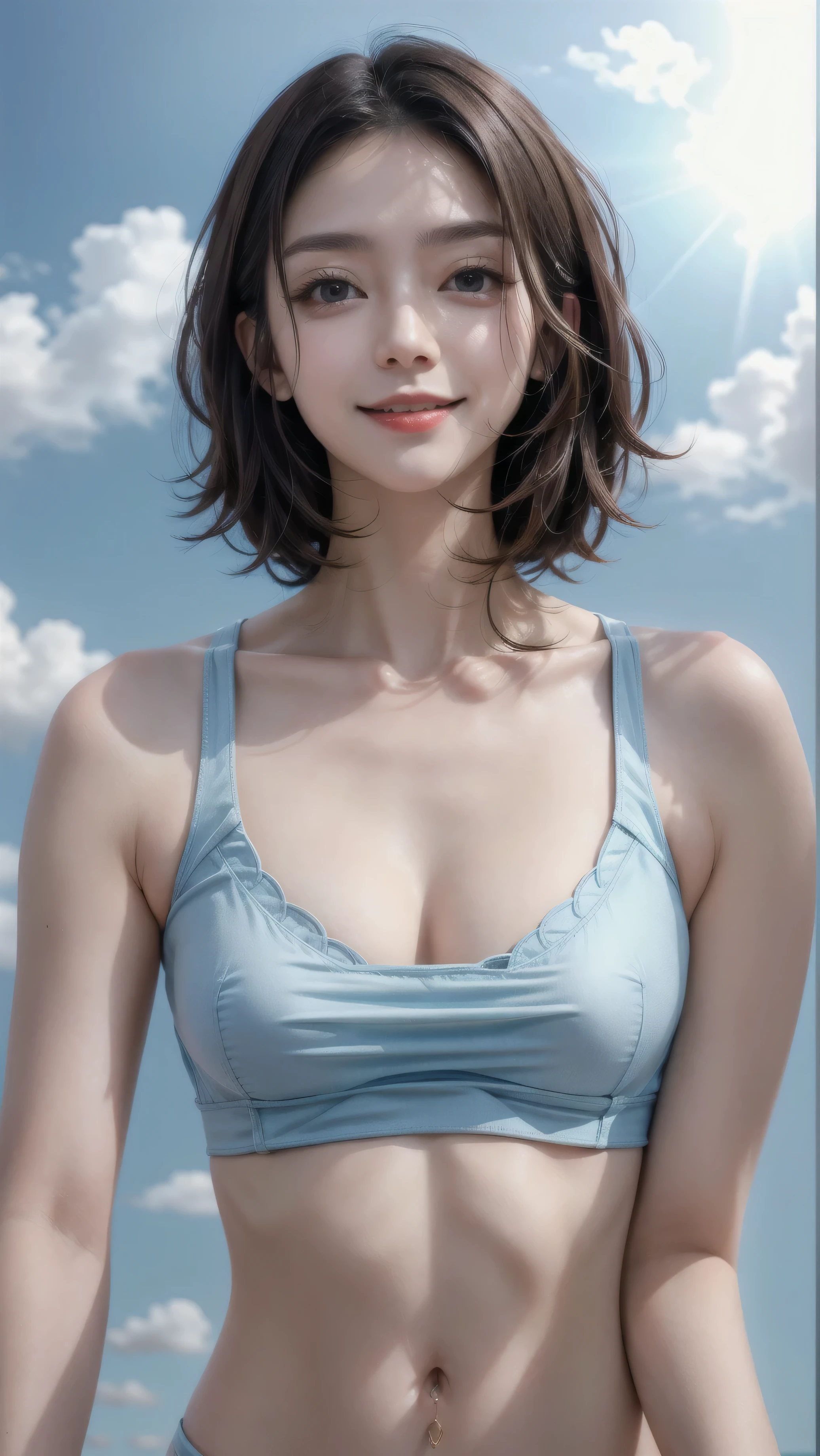 Please keep looking at me、Bright screen、light brown medium bob hair、8K、outdoor、blue sky、Upper body、Photographed alone、40 years old、smile、