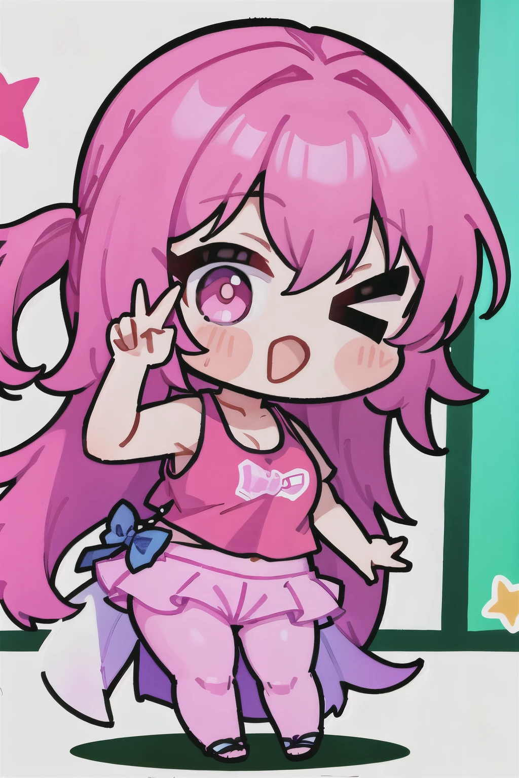 (masterpiece, best quality:1.2), 1girl, solo,ciallo, chibi, full body,pink sleeveless tank top,pink trousers,in classroom
