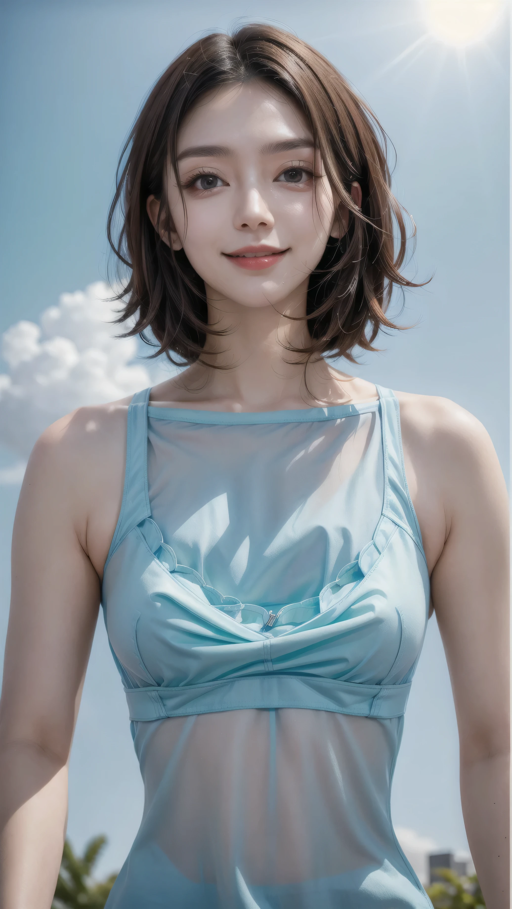 Please keep looking at me、Bright screen、light brown medium bob hair、8K、outdoor、blue sky、Upper body、Photographed alone、40 years old、smile、