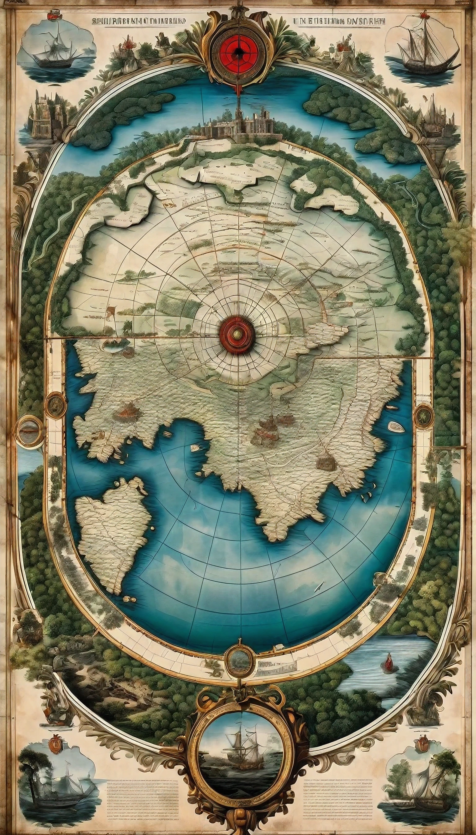 Old map from the 18th century, Mysterious island, emplacement d'un trésor entourée d'un cercle rouge, Masterpiece, photorealistic, 8k,