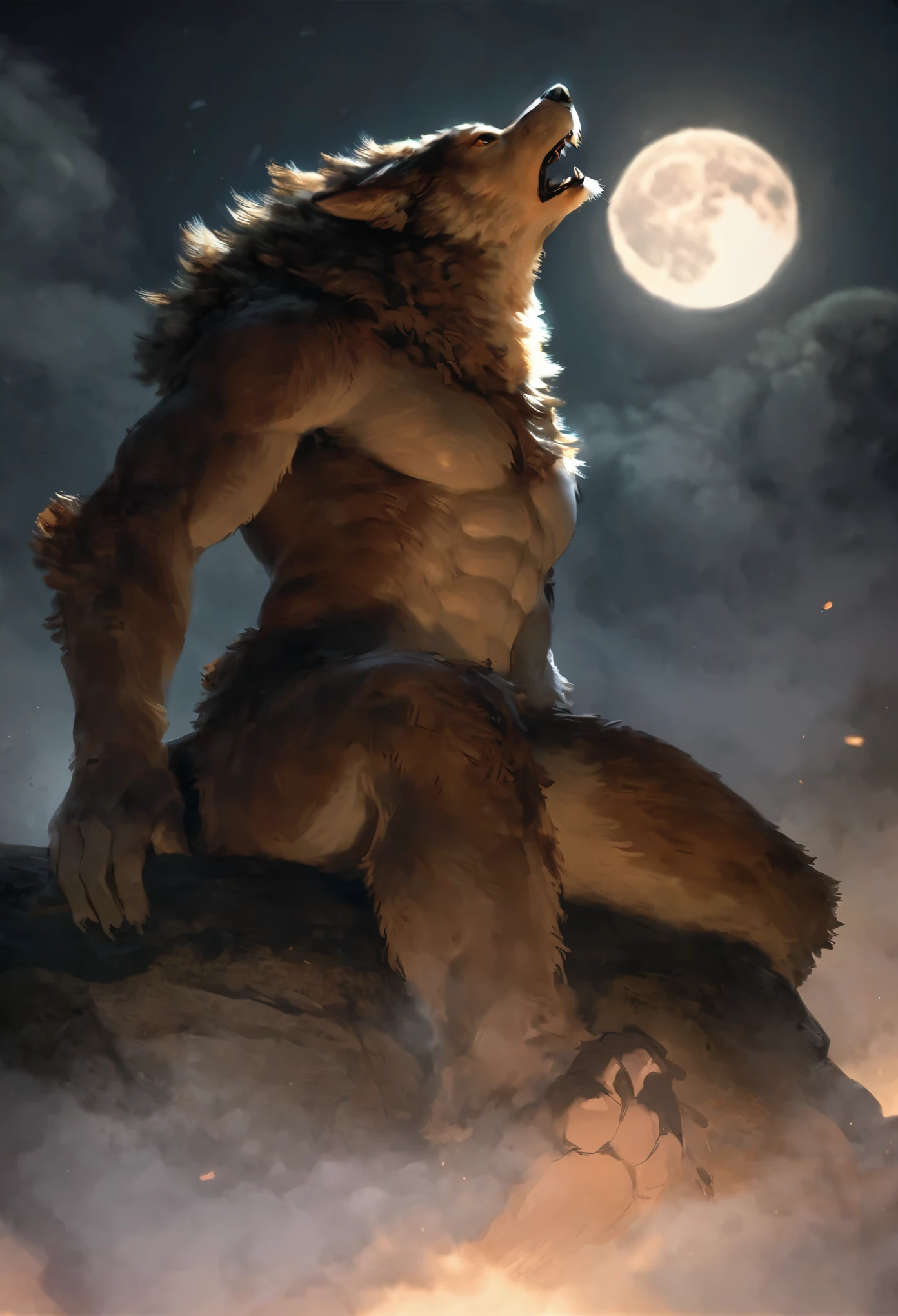 top quality, best quality, High-quality illustrations by Rembrandt, masterpiece, depth of field(highly detailed beautiful face and eyes)absurdres, perfect anatomy, Werewolf, howling, red full moon, on cliff, fog(kemono, super handsome boy, solo focus, muscle, hero pose)(furry anthro)full body, wide shot,