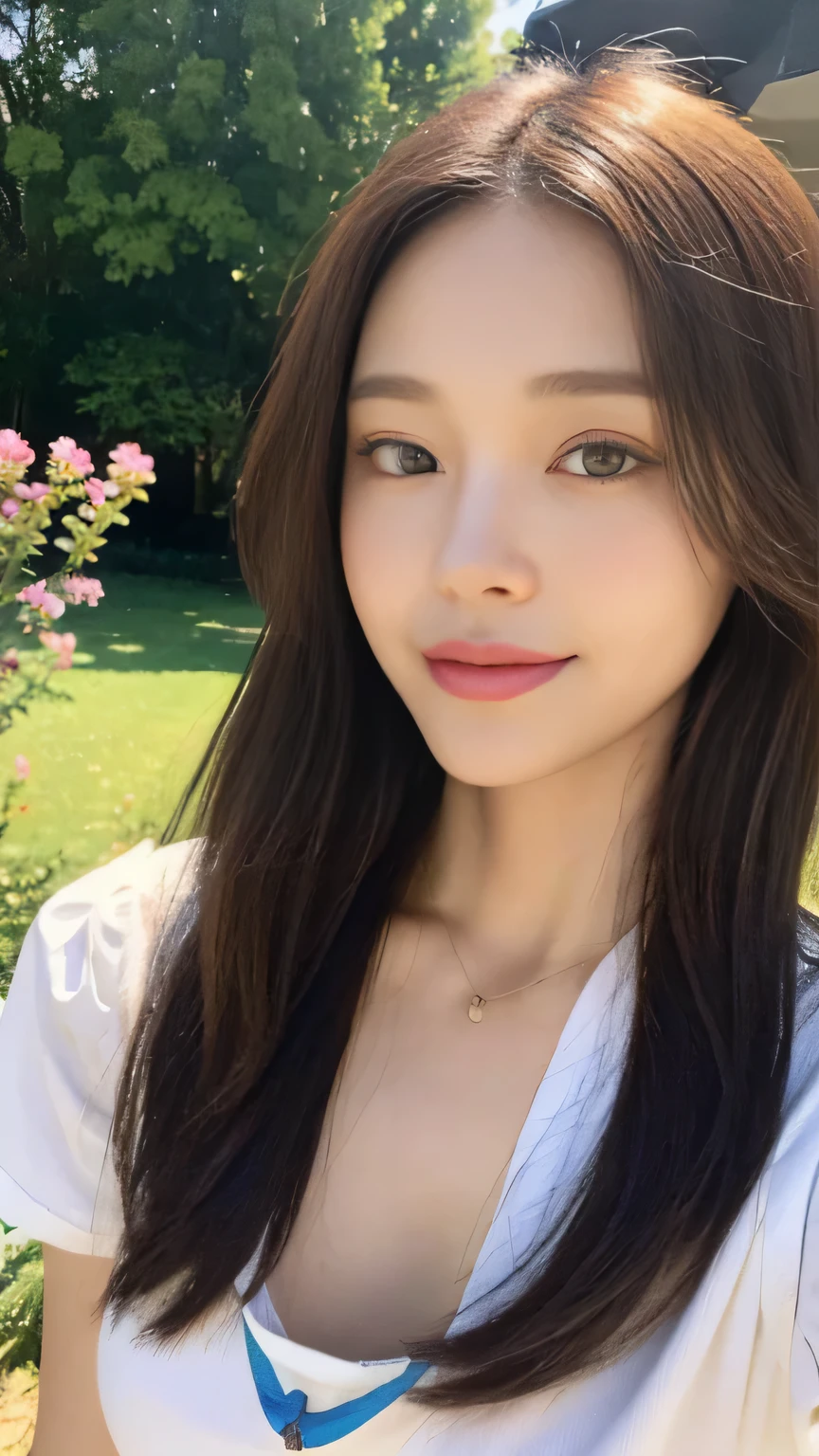 ((highest quality, 8K, masterpiece:1.3)), concentrated:1.2, Perfect body beauty:1.4, Hips:1.2, ((Delicate Hair)), (A fashionable summer T-shirt with a colorful irregular neckline, back tie and slim fit.、 :1.1) , ((highest quality、8K、masterpiece:1.3))、1 Girl、A sloppy smile、Esbian all over、Slim face、Big 、Beautiful woman、(Dark Brown Hair)、、1.1、Flickering Valley、Detailed eyes、double eyelid、Blurred Background、超Slim face、Looking down、garden、
