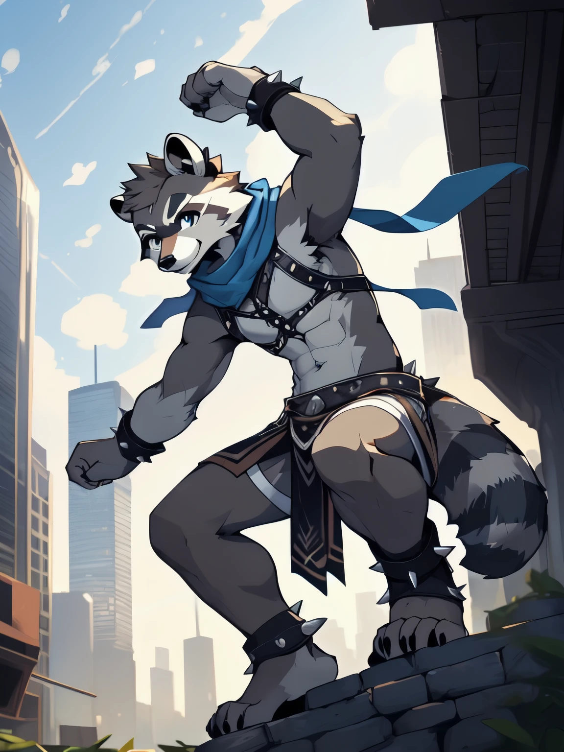 masterpiece, high quality, hi res, Solo, furry, adult, teenager, ((Pache_Riggs (raccoon)), grey body, long spiked brown ponytail, Detailed body fur, long blue scarf, leather harness, black loincloth, goggles, masterpiece, gray body, Detailed face, big eyebrows, blue eyes, detailed eyes, No muscles, city skyline, Detailed hands, Flat body, Skinny, Detailed paws, metal cuffs on wrists, metal cuffs on ankles, no shirt, no underwear, action pose, 1.8meters