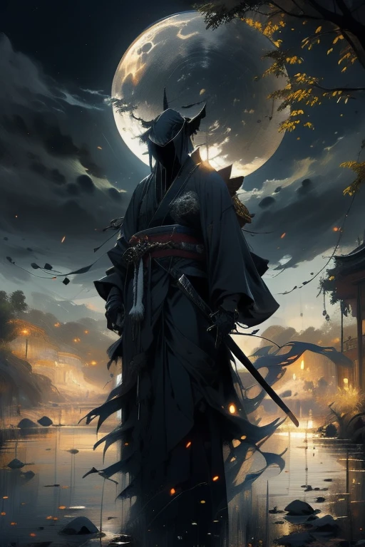 (Mejor calidad,ultra detallado),oscuro,wet,gotas de lluvia artificiales cayendo,ancient japanese warrior standing in the rain,japanese traditional bamboo hat(kasa),paisaje de bosque denso,naturaleza majestuosa y serena,luna llena brillando intensamente en el cielo nocturno,kimono negro con rayas rojas fluorescentes que brillan a la luz de la luna,espada samurai afilada y desenvainada(katana),