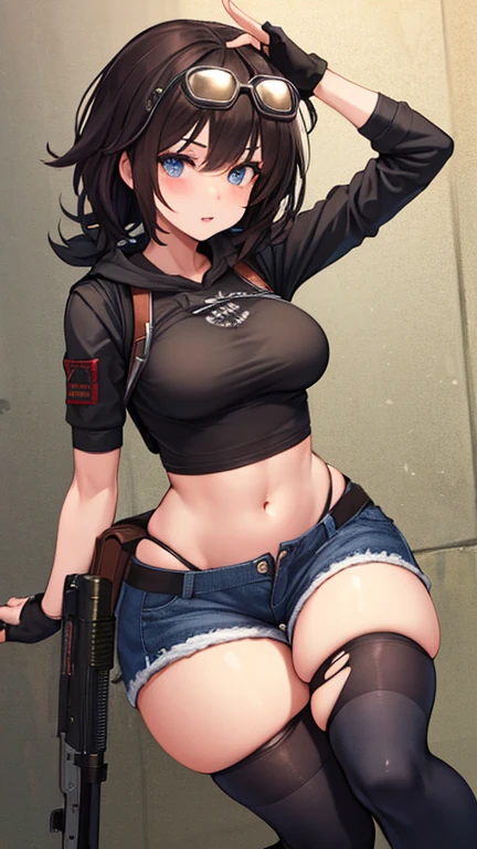 solo thick figure thick thighs ultra breast size ultra hip size blue eyes tan skin girl short dark brown messy hair wear fingerless gloves wear short crop top hoodie wear short crop jean ripped wear holster wear black stocking holding a rifle on hands wear tactical backpack wear tactical goggle on head 