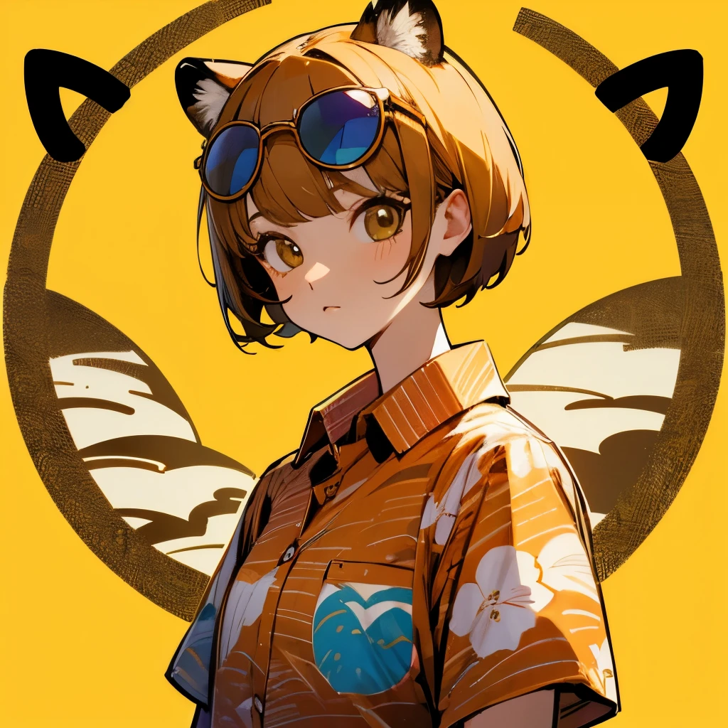 girl、cute、face、short hair、Sunglasses with round lenses、Aloha shirt with a yellow base and a tiger pattern
