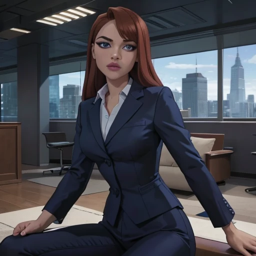 (masterpiece, high quality) woman, formal business suit, shirt, pants, solo , looking at viewer, perfect face, suits Navy blue, crystal blue eyes, eyelashes, makeup, skyscraper, full body, she is the boss, ultra quality 4k, super confident, sit like the boss, [From Below, Looking Up][Modern Office Setting]