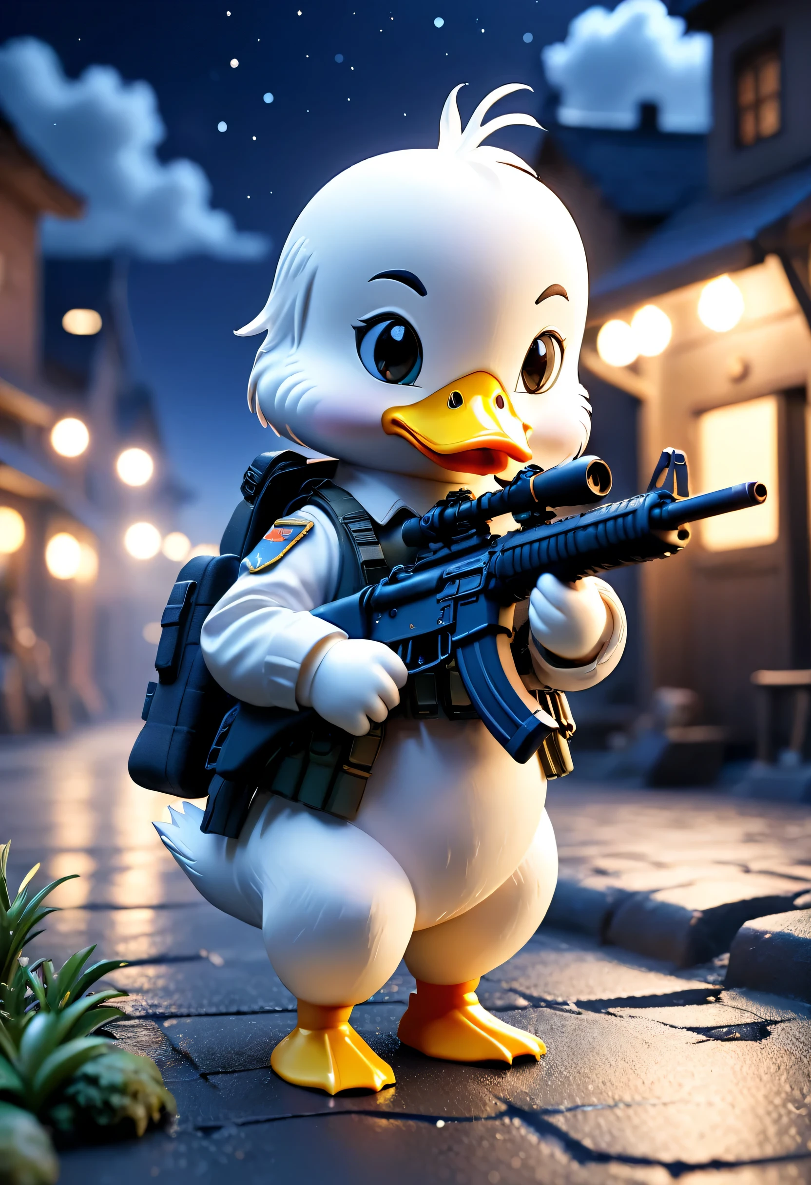 Esbian all over、cool white duck、pop white duck、Diorama、Simple Background、army、Has an assault rifle、Best Quality, Capture the cutest moments, Depth of written boundary, Super detailed, Night Sky Ultra High Resolution, Octadale, 8K, 16km race