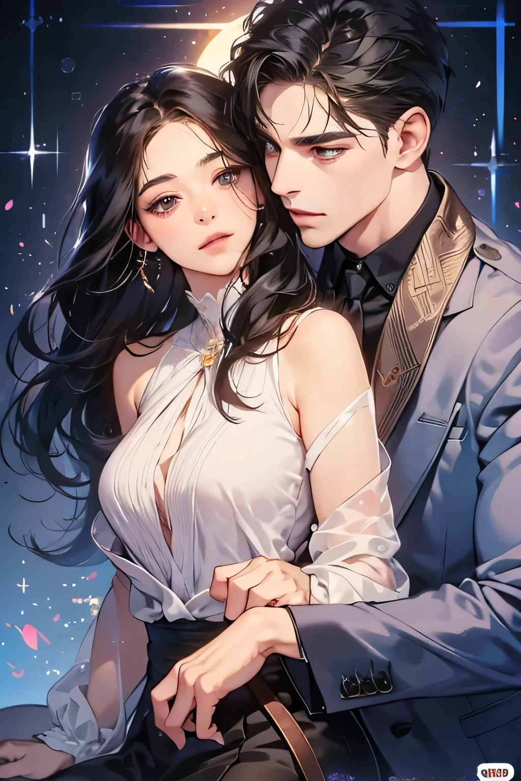 (Tabletop, Digital Art, digital illustration, 4K, 8k, Very detailed, Beautiful images, Clear images, Realistic, RAW Photos, Perfect Face, Perfect Lines, Perfect Eyes, Soft lighting) 1 female, (Long black hair,Straight hair,Bullish expression,Beautiful woman,suit,Solid makeup,Medium breast、23-year-old female,:1.3),secretary, Two handsome men in suits, (human,Man in suit,Muscular,Strong shoulder width, human,Boyish navy hairstyle,English gentleman&#39;style,A man in his 30s with a cool expression,A 28-year-old man with a bright smile:1.2),Moonlit Night、City of night、Moon and light、illumination、Couple、couple kissing、Romance、romance porn、look at each other、Embrace each other
