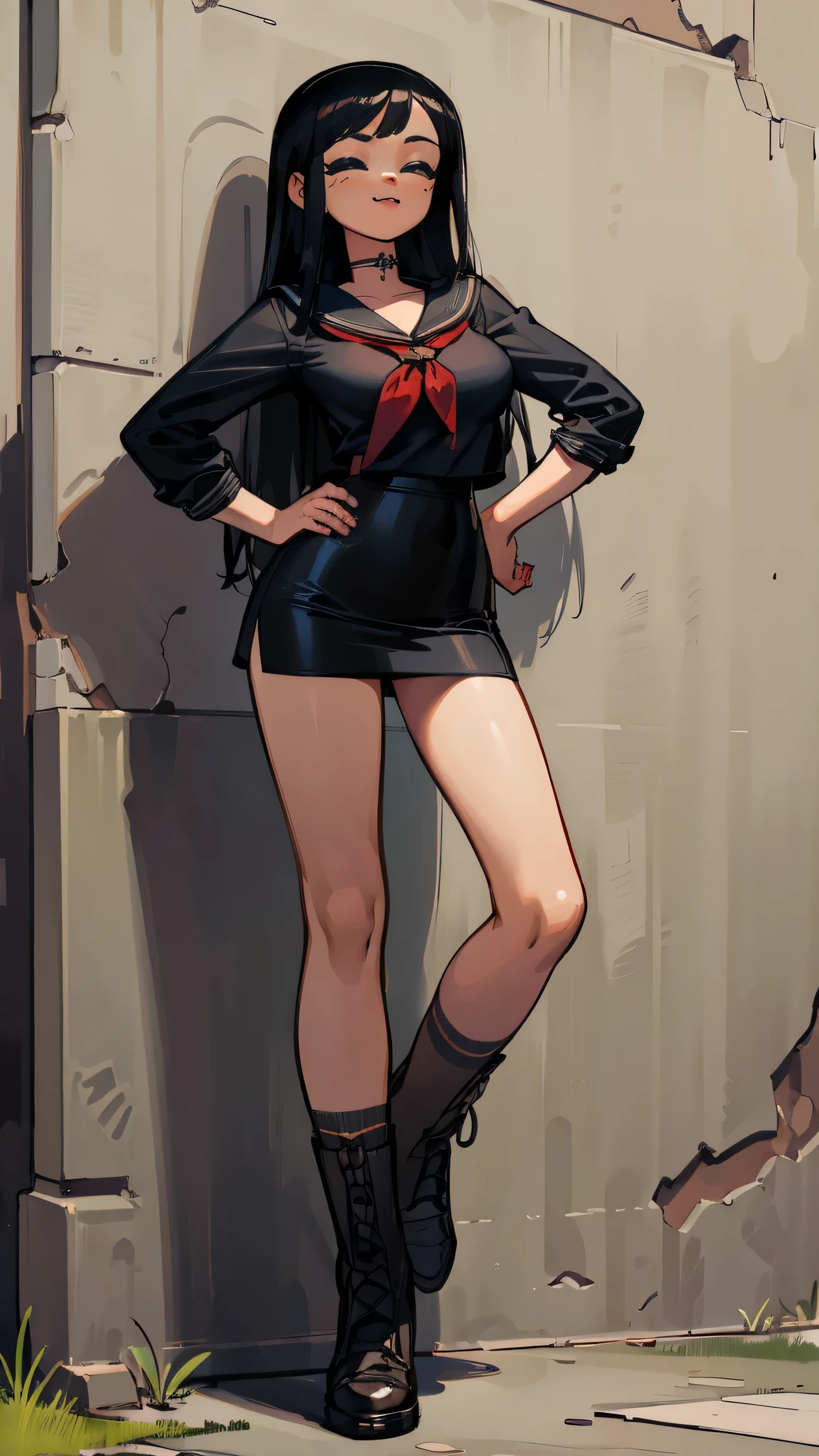 ((Masterpiece)), ((best quality)), very detailed, Detailed background, Masterpiece, best quality, high resolution, 1 woman , long straight black hair , Close your eyes.. , smile , sailor shirt , short skirt , sly face , abdomen , big breasts , Long legs , stand on your hips..., roadside , leather shoes , abandoned factory, at night 