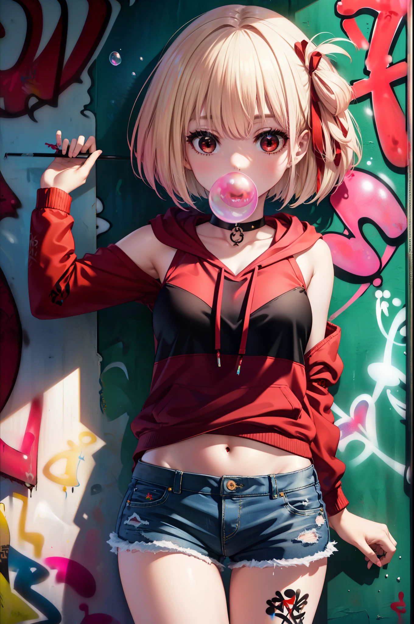 Chisato Nishikigi, Chisato Nishikigi, short hair, bangs, Blonde, (Red eyes:1.5), Hair Ribbon, One side up, red hoodie　Front open,Wearing a hood,Blowing bubble gum, Pink bubble gum,Bobcut,navel tank top,Denim shorts, choker, (graffiti:1.5), Paint splashes, Put your arms behind your back, Against the wall, Looking at the audience , Thigh straps, Tilt your head, was bored,break outdoors, alley,break looking at viewer, (Cowboy Shot:1.5),
break (masterpiece:1.2), highest quality, High resolution, unity 8k wallpaper, (shape:0.8), (Beautiful and detailed:1.6), Highly detailed face, Perfect lighting, Highly detailed CG, (Perfect hands, Perfect Anatomy),
