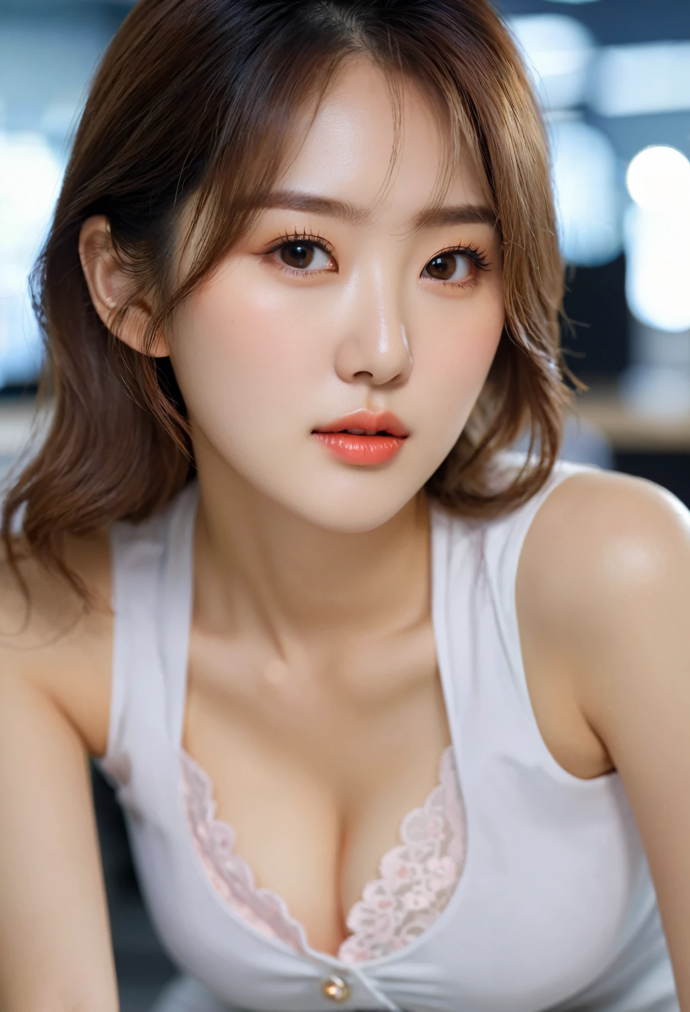 close-up of beautiful korean female, 34 inch breasts size, hair between eyes, wearing pibk sleeveless shirt, sitting on the crouch,in the office, bokeh background, UHD