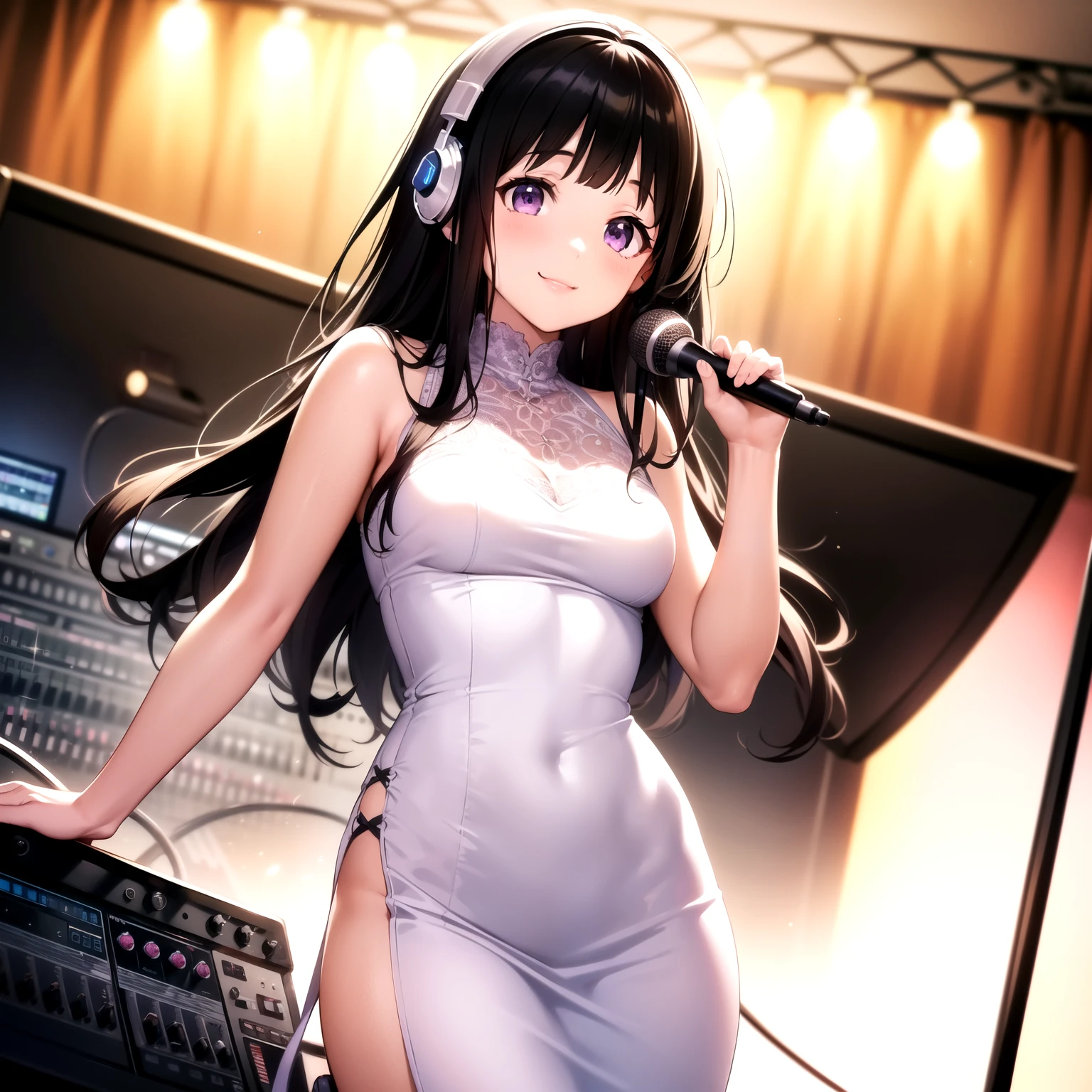 (A superb exquisite Chitanda Eru), (mature face), intricate details, (finely detailed beautiful eyes: 1.2), purple eyes, long black hair, natural straight hair, straight bangs, solo, [Small_breasts: large_breasts: 0.5], extremely delicate, peerless beautiful girl, dreamy quality, solid color, bright lips, slender waist, straight curves, soft lights and shadows, super fine, 8K HD, (masterpiece:1.4), (((timid smile, recording studio, with headphones on, singing, fashion clothes)))