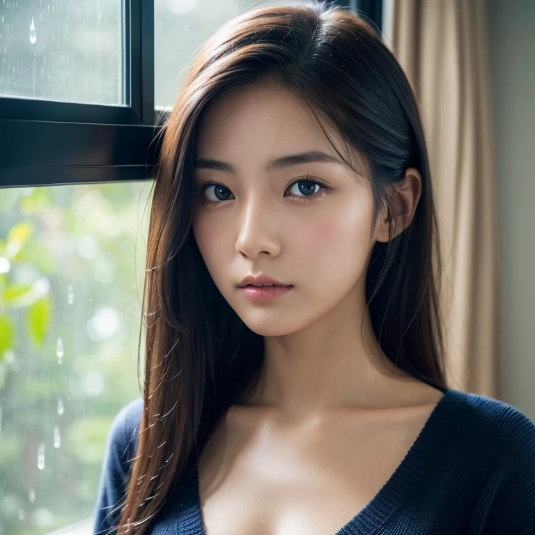 The eyes of a young, beautiful Japanese woman wearing a dark blue sweater standing by the window looking out at the rain falling outside. Focal length 100mmf/2.8, spring evening, rainy weather outside, living room on the upper floor of a high-rise apartment, well-shaped face, toned body, dark blue sweater, dark blue lace panties, close-up of eyes, sense of presence, 8K image quality ,Highest quality.