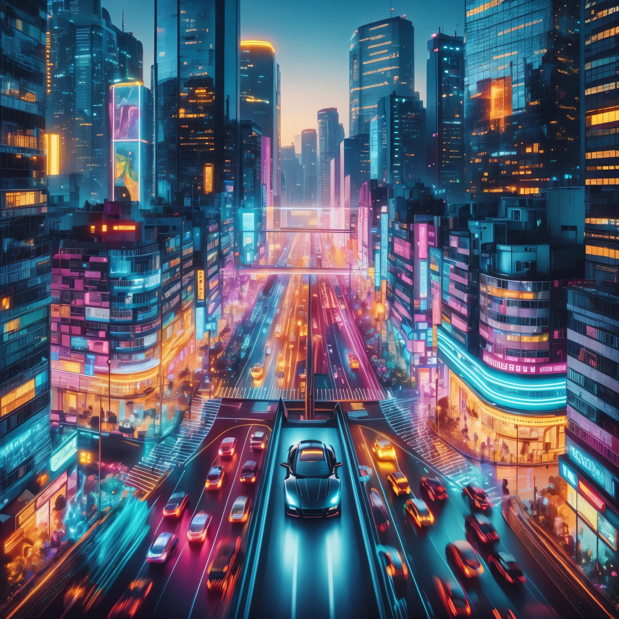 bustling city, The towering buildings shine with colorful neon lights in the sunset, Various modern cars and vehicles shuttle through the streets, Pedestrians are endless, Center of the screen, (A black sports car sped by:1.6), (Car body afterimage:1.3), (Taillight afterimage:1.3), Dynamic light and shadow, Light afterimage, Add a touch of dynamism to this bustling city, birds eye view, A unique perspective of the city landscape, (Motion blur:1.8)