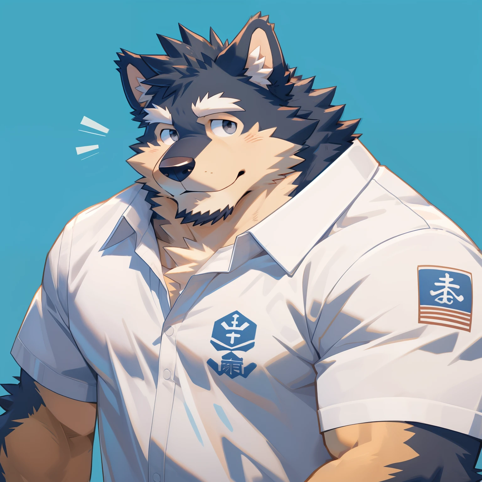 Scribble 德国牧羊dog face,Cute face,Humanity(dog),(White short sleeve:1.3),Chubby,(white eyebrows:1.1),（Upper body naked:1.2）,(perfect black eyes),Simple background, Blue Background,print style。（Artist:Takemoto Arashi）