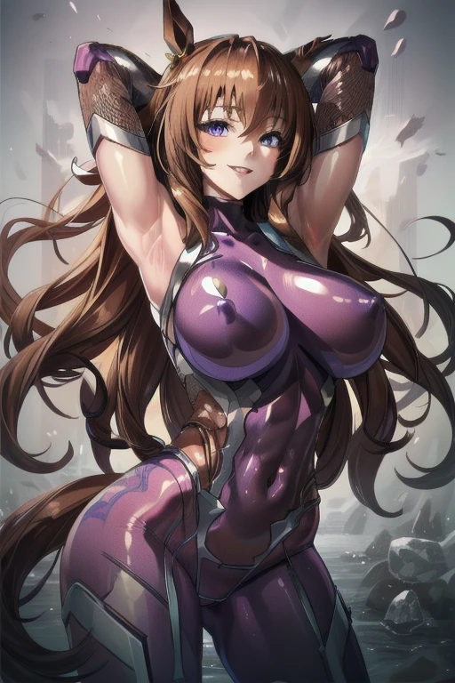 hmmr1, maruzensky \(umamusume\), asagioutfit, bare shoulders, purple gloves, skin tight, shiny clothes, impossible bodysuit, purple bodysuit, sleeveless, fishnets, elbow gloves, shiny,arms behind head ,smile,standing,three ,cowboy shot