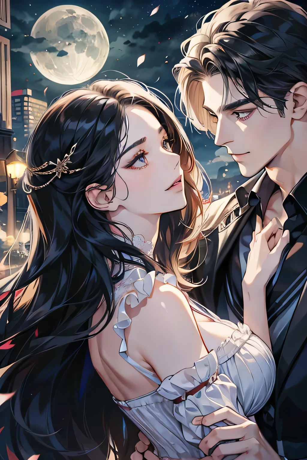 (Tabletop, Digital Art, digital illustration, 4K, 8k, Very detailed, Beautiful images, Clear images, Realistic, RAW Photos, Perfect Face, Perfect Lines, Perfect Eyes, Soft lighting) 1 female, (Long black hair,Straight hair,Bullish expression,Beautiful woman,suit,Solid makeup,Medium breast、23-year-old female,:1.3),secretary, Two handsome men in suits, (human,Man in suit,Muscular,Strong shoulder width, human,Boyish navy hairstyle,English gentleman'style,A man in his 30s with a cool expression,A 28-year-old man with a bright smile:1.2),Moonlit Night、City of night、Moon and light、illumination、Couple、couple kissing、Romance、romance porn、look at each other、Embrace each other