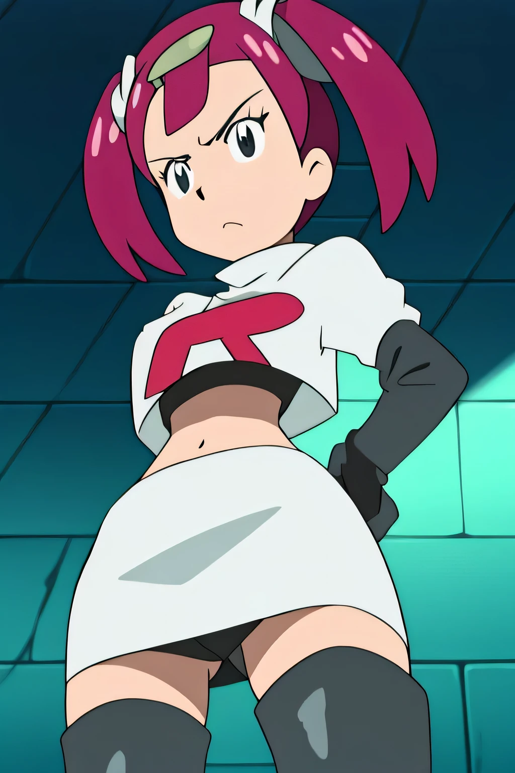 8k, masterpiece,highres, team rocket uniform, red letter r, white skirt,white crop top,black thigh-high boots, black elbow gloves, glaring angrily, looking down at viewer, hands on hips, cowboy shot,zettai ryouiki,from below, black panties,anime style, vivid colors, sharp focus, intense lighting,sango, pokemon