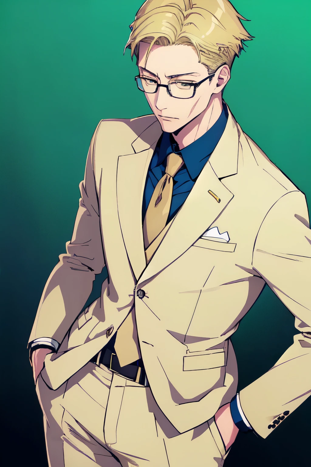 Man in a classic beige suit, Темно-Blue shirt, Yellow tie, Round green glasses, Prominent cheekbones on the face, Blonde hair styled to the side, Eyes hidden by glasses, Glasses with green lenses, Round glasses, short hair, Ideal Anatomy, beautiful hands, Super high quality, 8K, a high resolution, RTX, Beige jacket, Beige trousers, Blue shirt, Yellow tie, Nanami kento, Kento Nanami, jujutsu kaisen, Anime, Blue shirt.