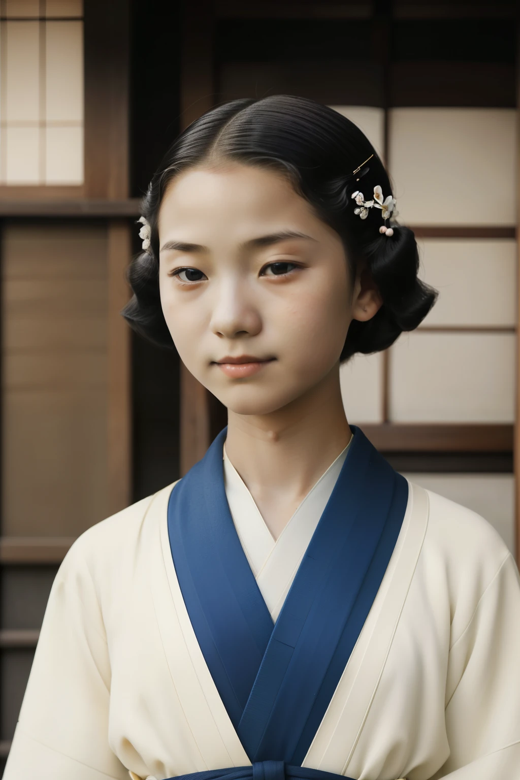 Kioto, 1934. A young ((((-yeld)) uri)), strikingly beautiful, delicate facial features, porcelain skin, expressive eyes, in the street, shy smile, ((((japanese clothings from the 1930s)))), ((hairstyle of the 1930s)), color