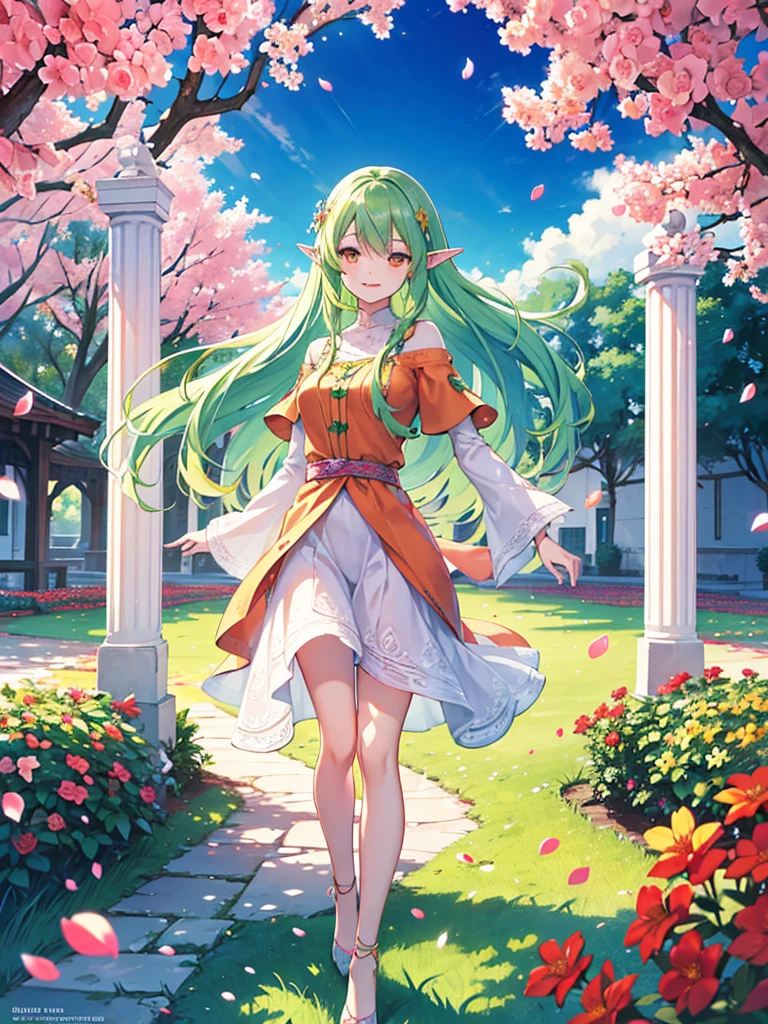 (best quality,4k,highres), realistic, HDR, full body, an elf girl, green long hair, pink dress, orange eyes, smiling, detailed beautiful eyes, detailed beautiful lips, head straight staring into the viewer, warm light, blue sky, standing in the middle garden, vibrant colors, soft lighting, joyful expression, delicate facial features, flowing movement, vibrant and lively atmosphere, abundant flower petals, lush green grass, peaceful ambiance, surrounded by a variety of colorful flowers, gentle breeze, captivating and enchanting scenery.