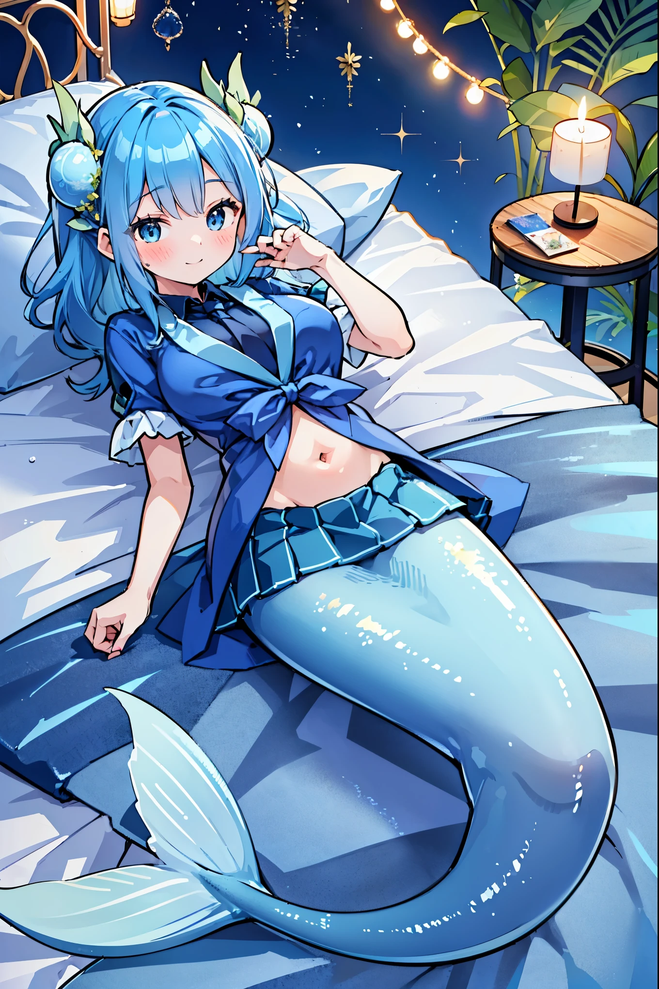 masterpiece, best quality(Full fingers),A woman,Large Breasts,Mermaid,Blue shirt,Blue Skirt,藍色的Mermaid尾巴,full-body shot,for the audience,Get posed,Lying in bed,charming脸(Kawaii, charming,Soft)