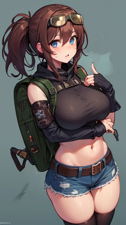 solo thick figure thick thighs ultra breast size ultra hip size blue eyes tan skin girl short dark brown messy hair wear fingerless gloves wear short crop top hoodie wear short crop jean ripped wear holster wear black stocking holding a rifle on hands wear tactical backpack wear tactical goggle on head 