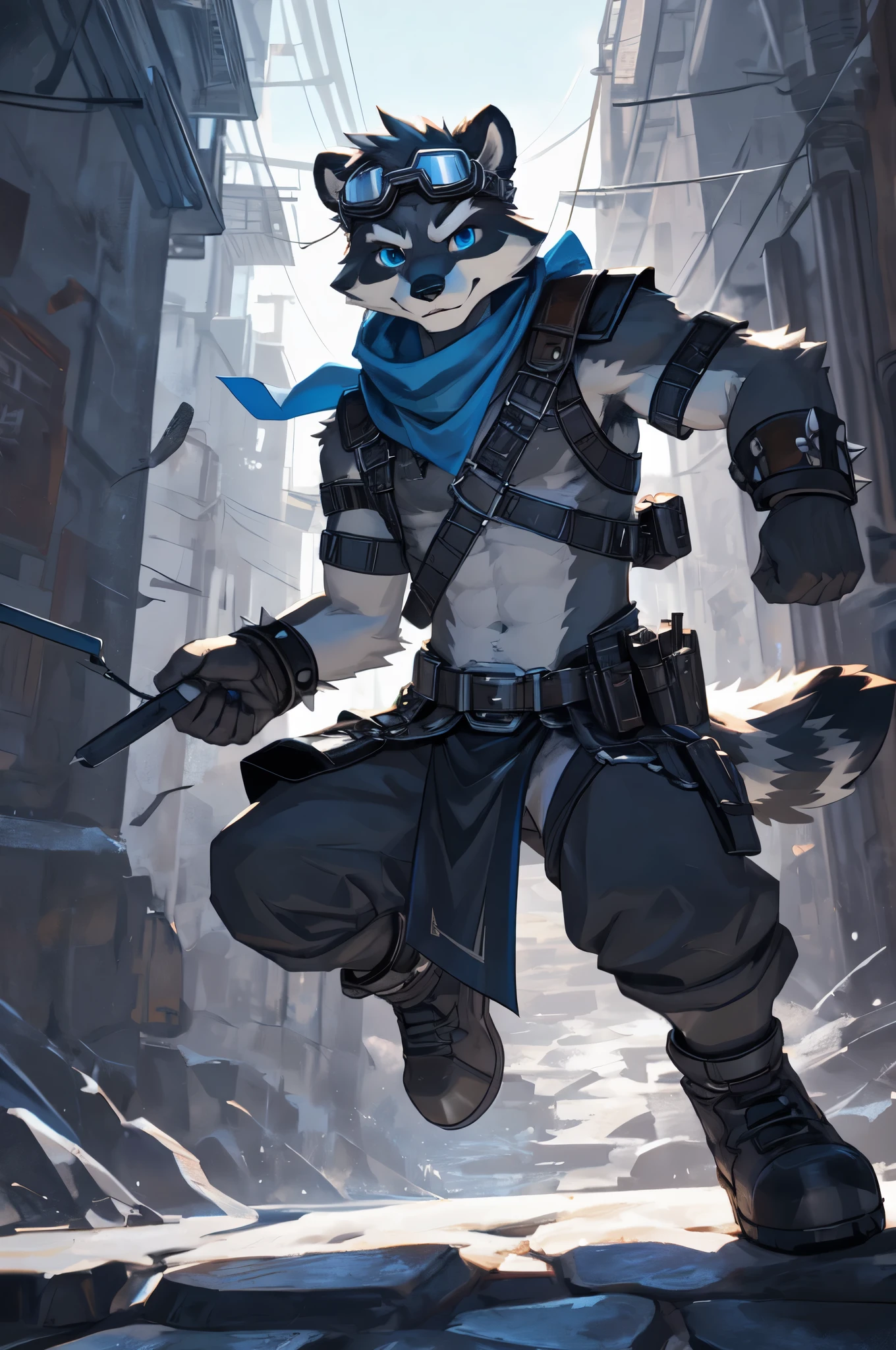 Solo, young, furry, raccoon, grey body, ((brown)(spiked_ponytail)(on_head)), Detailed body fur, long blue scarf, leather_harness, black_loincloth, goggles, masterpiece, gray body, Detailed face, big eyebrows, blue eyes, detailed eyes, No muscles, Detailed hands, Flat body, Skinny, Detailed paws, metal cuffs on wrists, metal cuffs on ankles, no shirt, no underwear, action pose