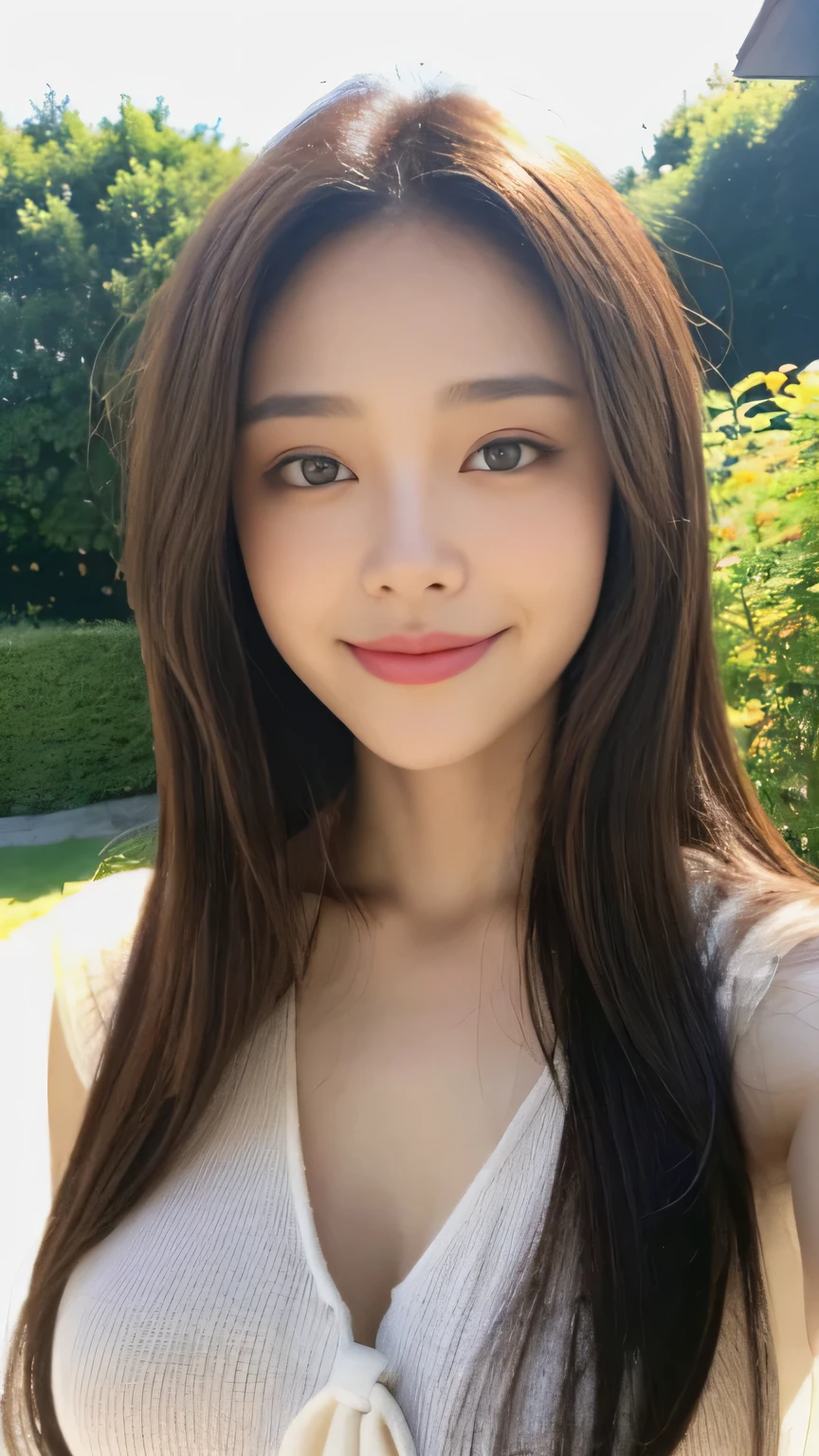 ((highest quality, 8K, masterpiece:1.3)), concentrated:1.2, Perfect body beauty:1.4, Hips:1.2, ((Delicate Hair)), (A fashionable summer T-shirt with a colorful irregular neckline, back tie and slim fit.、 :1.1) , ((highest quality、8K、masterpiece:1.3))、1 Girl、A sloppy smile、Esbian all over、Slim face、Big 、Beautiful woman、(Dark Brown Hair)、、1.1、Flickering Valley、Detailed eyes、double eyelid、Blurred Background、超Slim face、Looking down、garden、