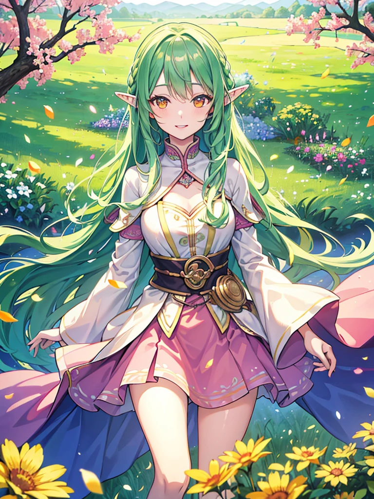 (best quality,4k,highres), realistic, HDR, an elf girl, green long hair, pink dress, orange eyes, smiling, detailed beautiful eyes, detailed beautiful lips, head straight staring into the viewer, warm light, blue sky, standing in the middle garden, vibrant colors, soft lighting, joyful expression, delicate facial features, flowing movement, vibrant and lively atmosphere, abundant flower petals, lush green grass, peaceful ambiance, surrounded by a variety of colorful flowers, gentle breeze, captivating and enchanting scenery.