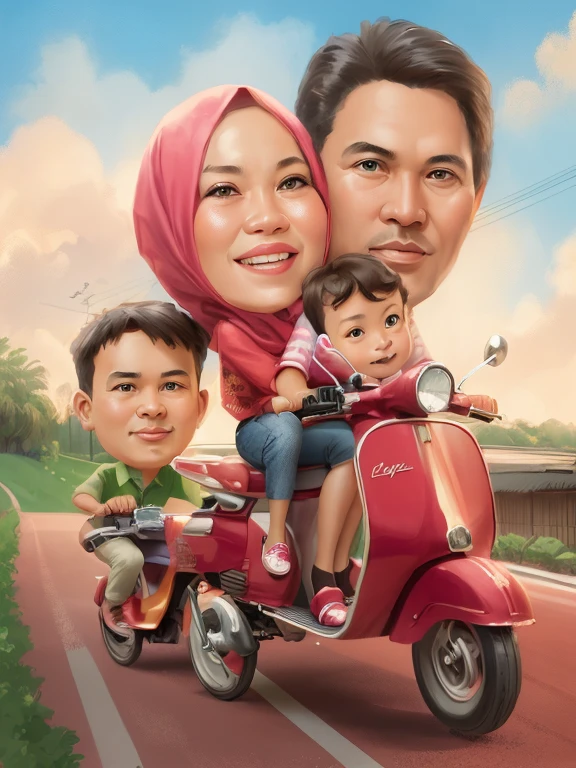 a cartoon of a family riding a scooter down a road, an indonesian family portrait, caricature illustration, in cartoon style, cartoon art, caricature style, cartoon style illustration, cartoon art style, potrait, cartoon digital painting, cartoon digital art, happy family, cartoon artstyle, cartoon portrait, digital art cartoon, caricature, digital cartoon painting art