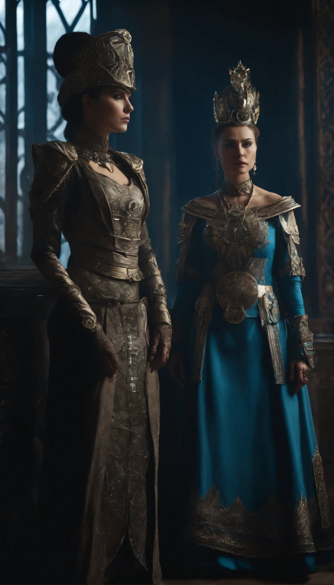 two women in costumes are standing in a room, as lady mechanika, static Prometheus frame, blue body paint, cyberpunk ornaments, Aztec Empress, cinematic details, guards, balcony scene, solarpunk, by Leon Wyczółkowski, sisters, Japanese cgi, Kazakh empress, character close-up  
