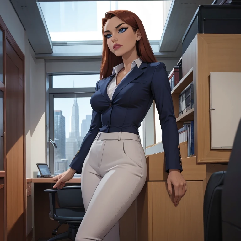 Christina Hendricks, (Christina Hendricks:1.5), masterpiece quality, (masterpiece quality:1.3), detailed, realistic, (realistic:1.3), 1girl, solo, (solo:1.9), alone, in a 1960s office, office desks in background, window of cityscape in background, short hair, wearing choker collar, secretary, wearing blue blouse, (blue blouse:1.9), wearing blue skirt, (blue skirt:1.5), wearing red belt, (red belt:1.5), thin body, small breasts, (small breasts:1.5),
