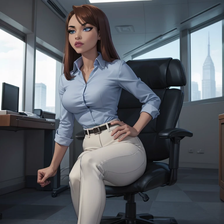 (masterpiece, high quality) woman, formal business suit, shirt, pants, solo , looking at viewer, perfect face, suits tan, tan colour, white shirt,sexy breasts,fit super model body, fit_business_suit s, crystal blue eyes, eyelashes, makeup, skyscraper, full body, she is the boss, ultra quality 4k, super confident, sit like the boss, [From Below, Looking Up][Modern Office Setting]